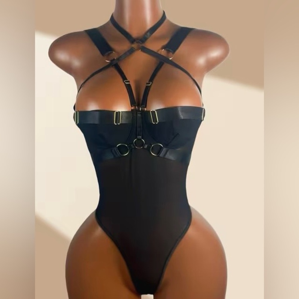 Halter neck criss cross back black push up sexy mesh body suit